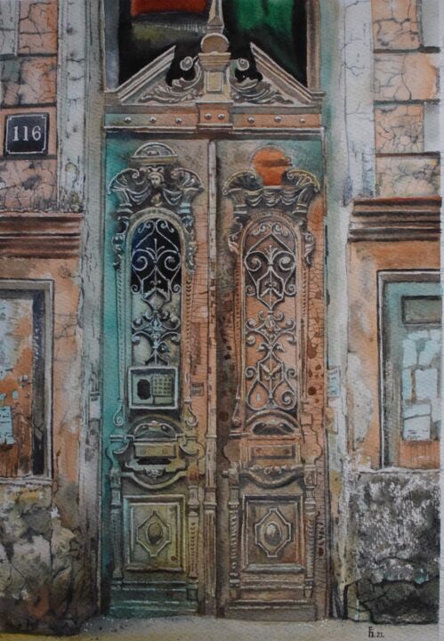 Painting titled "Antique door. Стари…" by Eugene Panov, Original Artwork, Watercolor