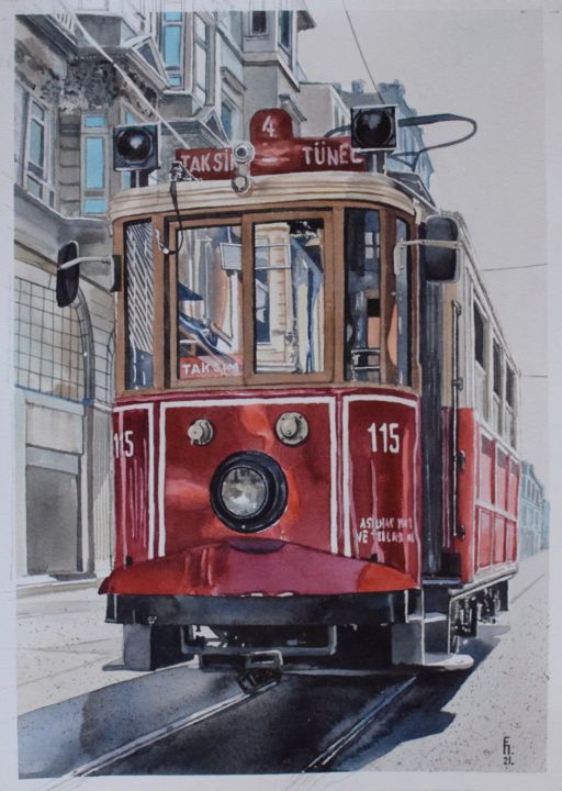 Peinture intitulée "Turkish tram" par Eugene Panov, Œuvre d'art originale, Aquarelle