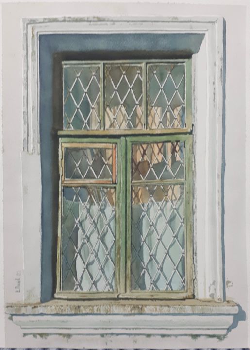 Painting titled "Old beautiful window" by Eugene Panov, Original Artwork, Watercolor