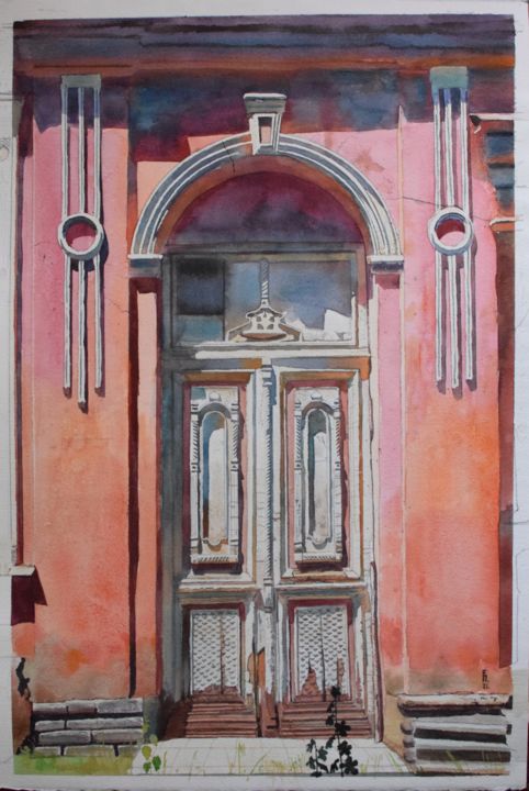 Ζωγραφική με τίτλο "Old beautiful door" από Eugene Panov, Αυθεντικά έργα τέχνης, Ακουαρέλα