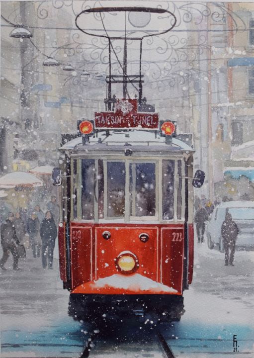 Painting titled "Winter. Old tram" by Eugene Panov, Original Artwork, Watercolor