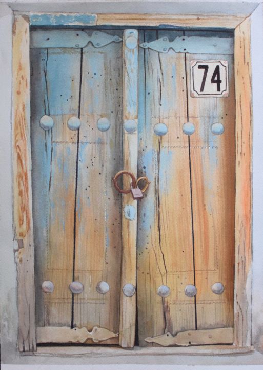 Painting titled "Old door. Bukhara" by Eugene Panov, Original Artwork, Watercolor