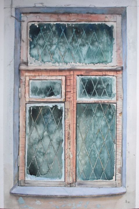 Painting titled "Old green window" by Eugene Panov, Original Artwork, Watercolor