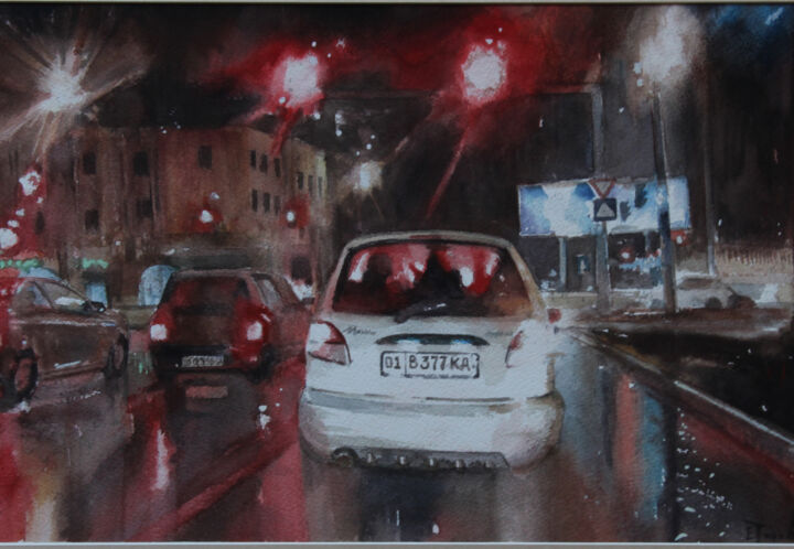 Schilderij getiteld "Car in the rain" door Eugene Panov, Origineel Kunstwerk, Aquarel