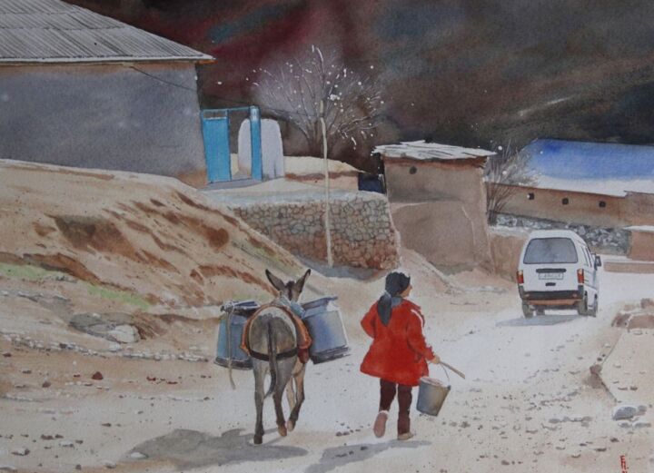 Painting titled "Mountain village of…" by Eugene Panov, Original Artwork, Watercolor