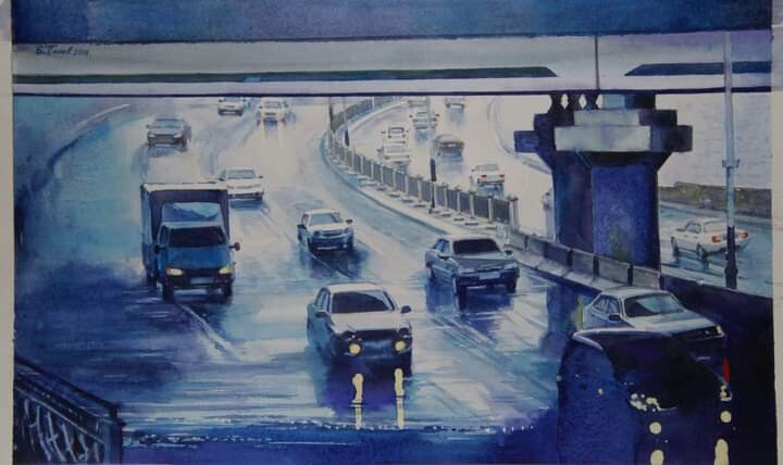 Peinture intitulée "Road. Rain..." par Eugene Panov, Œuvre d'art originale, Aquarelle
