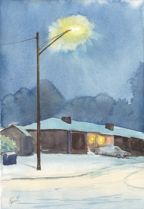 Painting titled "Snowy night and str…" by Eugene Popov, Original Artwork, Watercolor