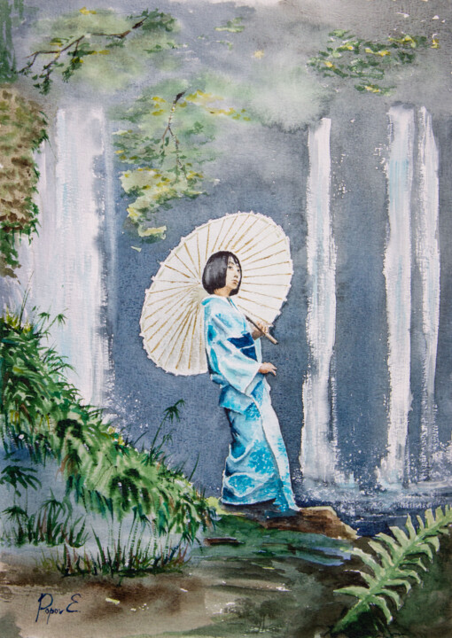 Schilderij getiteld "Japanese girl posin…" door Eugene Popov, Origineel Kunstwerk, Aquarel