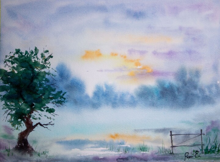 Картина под названием "A tree in the fog o…" - Eugene Popov, Подлинное произведение искусства, Акварель