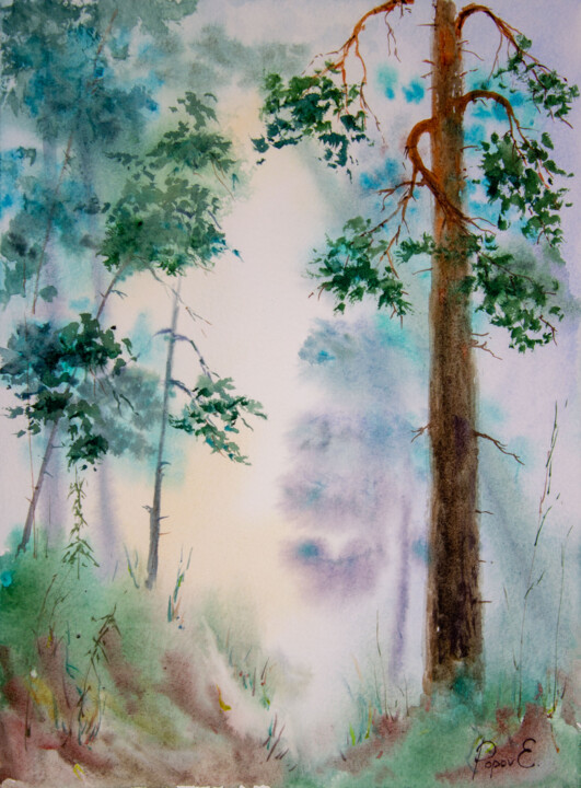 Schilderij getiteld "Forest in the mist" door Eugene Popov, Origineel Kunstwerk, Aquarel