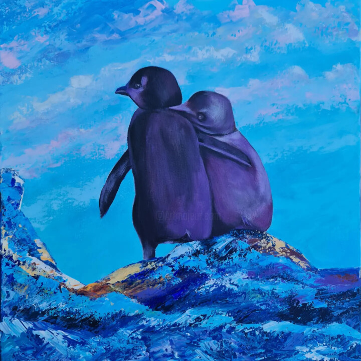Картина под названием "Penguins Couple" - Eugenia Chicu Touma, Подлинное произведение искусства, Акрил Установлен на Деревян…