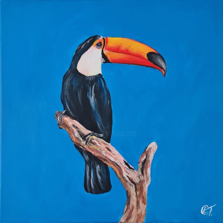 Ζωγραφική με τίτλο "Toucan bird on blue" από Eugenia Chicu Touma, Αυθεντικά έργα τέχνης, Ακρυλικό Τοποθετήθηκε στο artwork_c…