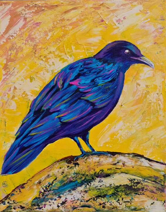 Painting titled "Raven Bird" by Eugenia Chicu Touma, Original Artwork, Acrylic Mounted on Wood Stretcher frame