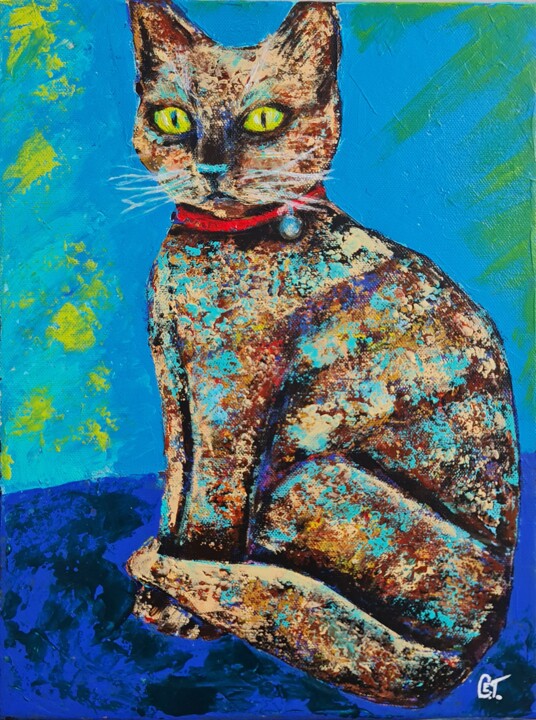 Painting titled "Brown Cat" by Eugenia Chicu Touma, Original Artwork, Acrylic Mounted on artwork_cat.