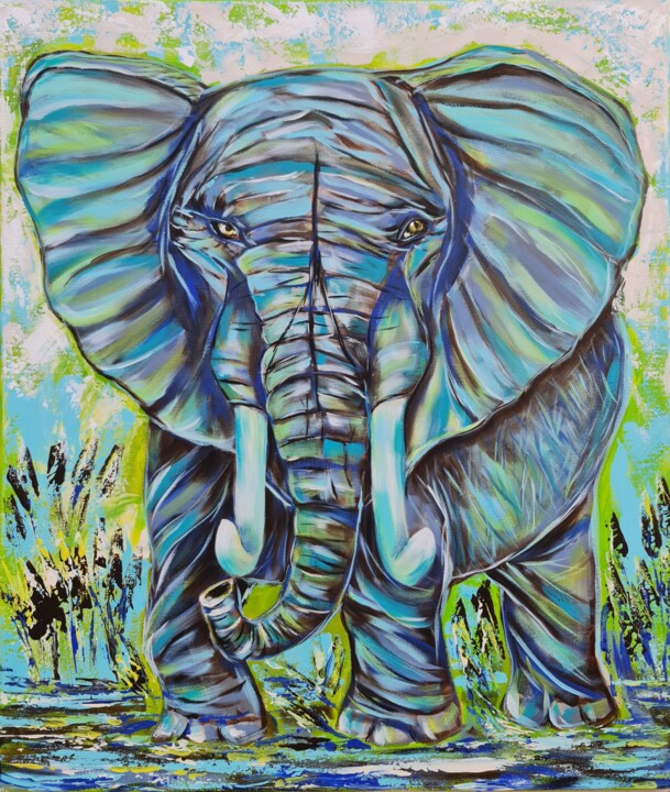 Картина под названием "Elephant Ahmed" - Eugenia Chicu Touma, Подлинное произведение искусства, Акрил Установлен на Деревянн…