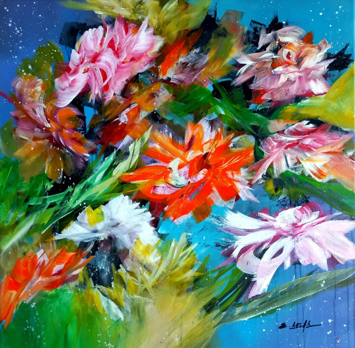 Schilderij getiteld "Fleurs et des étoil…" door Eugenia Delad, Origineel Kunstwerk, Acryl