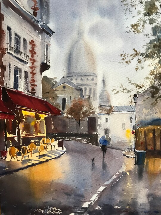 Painting titled "Cafe in Montmartre,…" by Eugenia Gorbacheva, Original Artwork, Watercolor