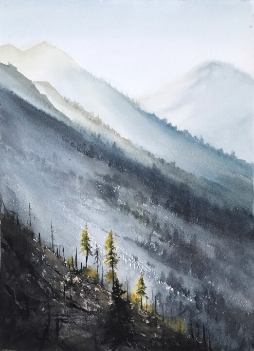 Painting titled "Mountain mist" by Eugenia Gorbacheva, Original Artwork, Watercolor