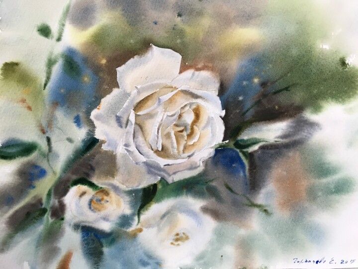 Pittura intitolato "White roses" da Eugenia Gorbacheva, Opera d'arte originale, Acquarello