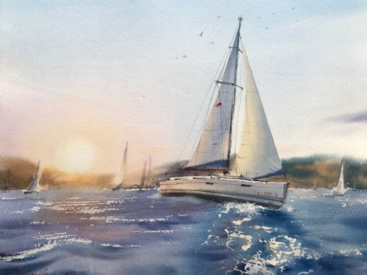 Painting titled "Yachts before sunset" by Eugenia Gorbacheva, Original Artwork, Watercolor