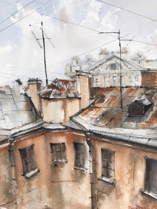 Картина под названием "Roofs of St. Peters…" - Eugenia Gorbacheva, Подлинное произведение искусства, Акварель
