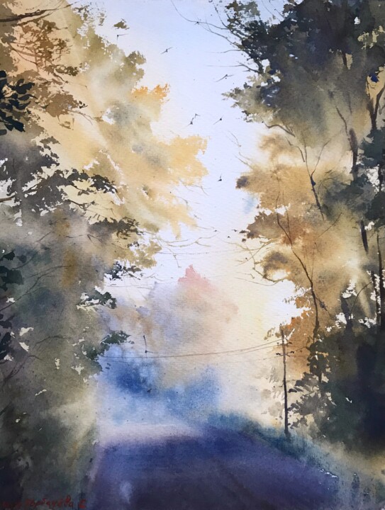 Painting titled "Forest path" by Eugenia Gorbacheva, Original Artwork, Watercolor