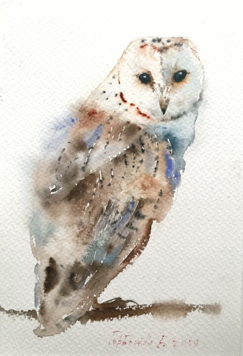 Schilderij getiteld "Owl on a branch" door Eugenia Gorbacheva, Origineel Kunstwerk, Aquarel