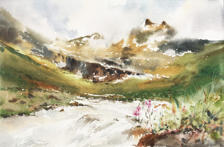 Peinture intitulée "Alpine Lawn" par Eugenia Gorbacheva, Œuvre d'art originale, Aquarelle