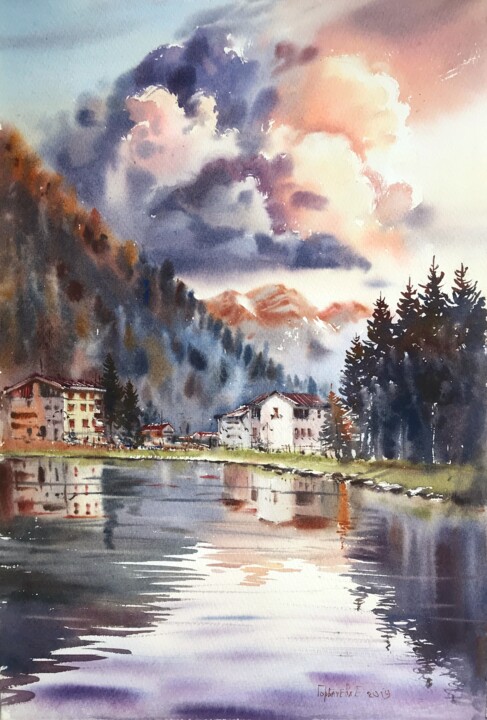 Peinture intitulée "Alpine village" par Eugenia Gorbacheva, Œuvre d'art originale, Aquarelle