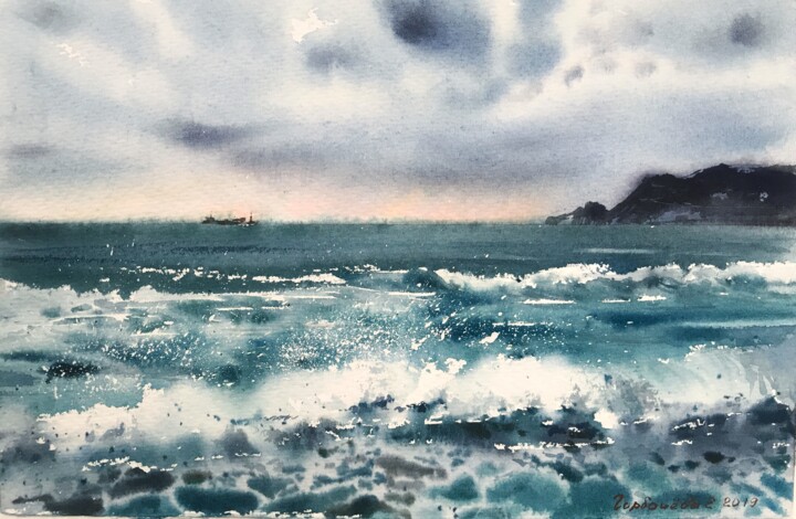 Картина под названием "Waves In The Sea" - Eugenia Gorbacheva, Подлинное произведение искусства, Акварель