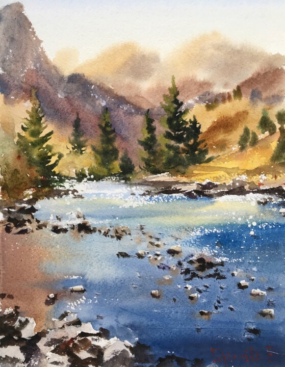 Peinture intitulée "Mountain river" par Eugenia Gorbacheva, Œuvre d'art originale, Aquarelle