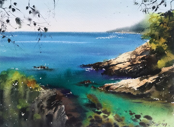 Schilderij getiteld "Cala Sa Cova, Spain" door Eugenia Gorbacheva, Origineel Kunstwerk, Aquarel