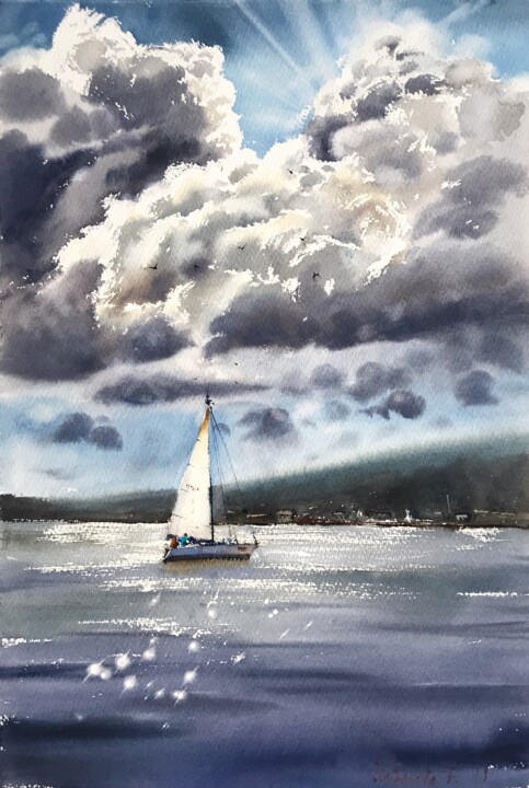 Ζωγραφική με τίτλο "Sailboat and clouds…" από Eugenia Gorbacheva, Αυθεντικά έργα τέχνης, Ακουαρέλα