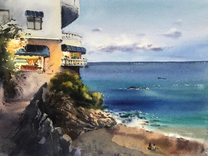 Painting titled "Hotel on the beach,…" by Eugenia Gorbacheva, Original Artwork, Watercolor