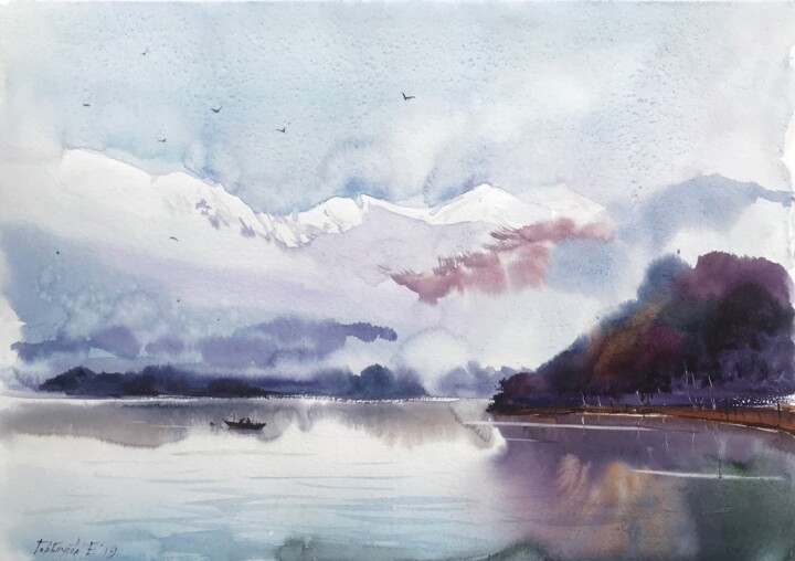 Картина под названием "Lake nordic #2" - Eugenia Gorbacheva, Подлинное произведение искусства, Акварель