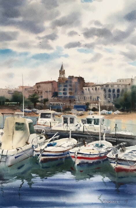 Painting titled "Boats, Palamos, Spa…" by Eugenia Gorbacheva, Original Artwork, Watercolor