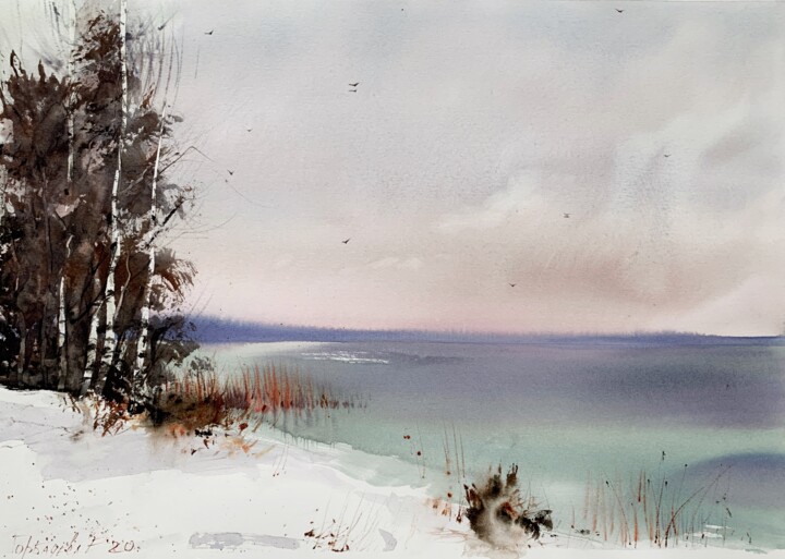 Malerei mit dem Titel "Lake Narach, Belarus" von Eugenia Gorbacheva, Original-Kunstwerk, Aquarell