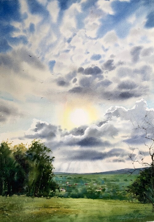 Peinture intitulée "Field and clouds #2" par Eugenia Gorbacheva, Œuvre d'art originale, Aquarelle