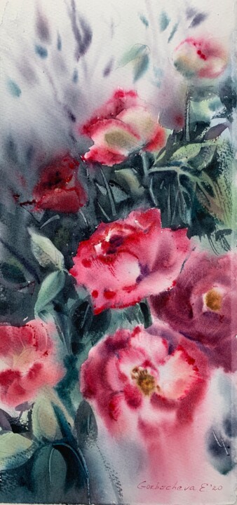 Painting titled "Red roses" by Eugenia Gorbacheva, Original Artwork, Watercolor