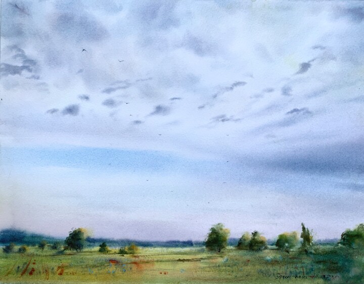 Картина под названием "Field and sky #3" - Eugenia Gorbacheva, Подлинное произведение искусства, Акварель