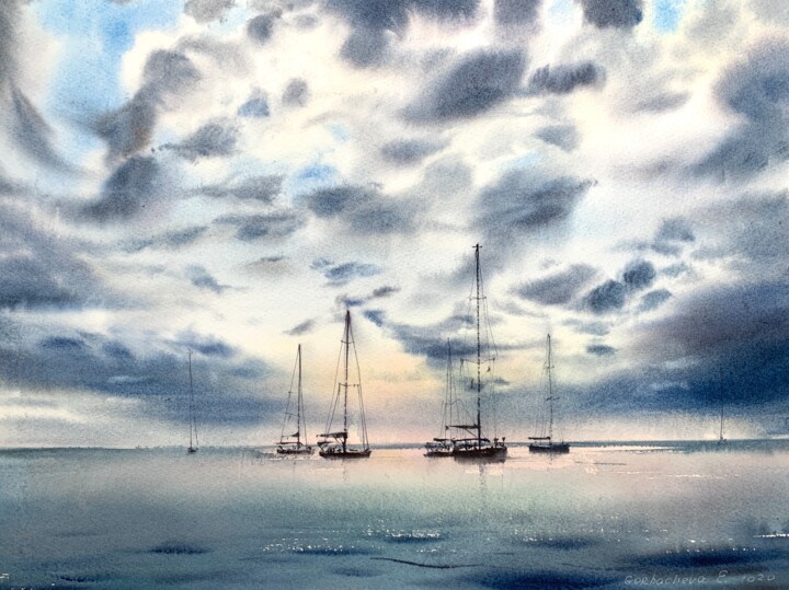 Painting titled "Yachts at anchor #5" by Eugenia Gorbacheva, Original Artwork, Watercolor