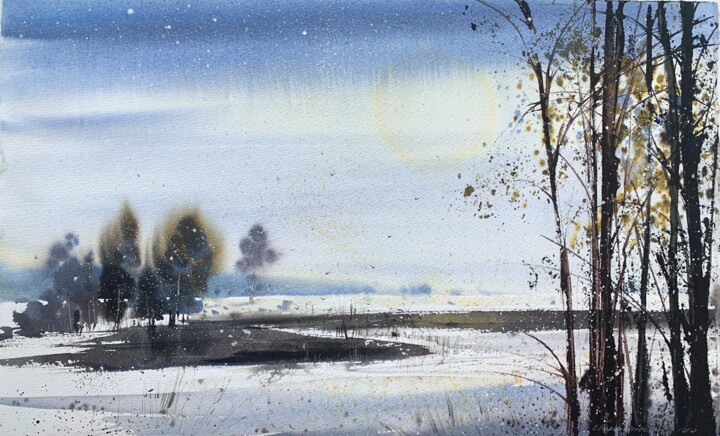 Malerei mit dem Titel "First snow" von Eugenia Gorbacheva, Original-Kunstwerk, Aquarell