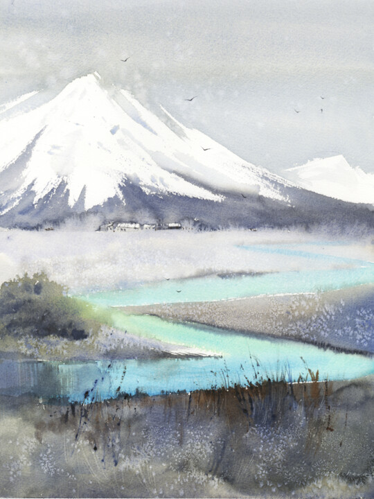 Pittura intitolato "Turquoise landscape…" da Eugenia Gorbacheva, Opera d'arte originale, Acquarello