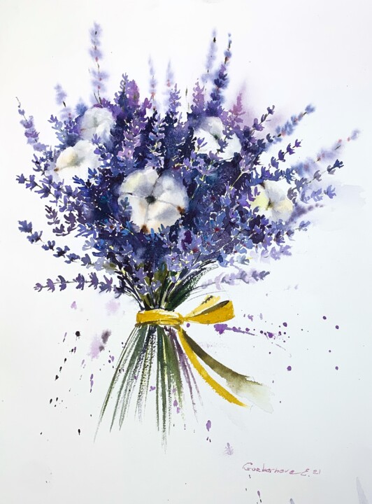 Painting titled "lavender bouquet" by Eugenia Gorbacheva, Original Artwork, Watercolor