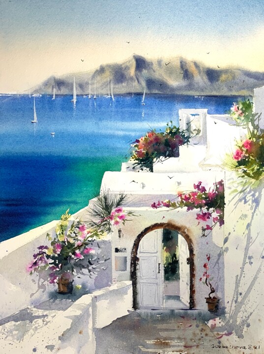 Malerei mit dem Titel "Santorini, Greece #3" von Eugenia Gorbacheva, Original-Kunstwerk, Aquarell