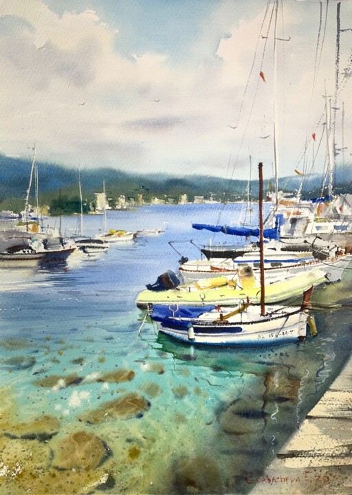 Картина под названием "Boats at the pier (…" - Eugenia Gorbacheva, Подлинное произведение искусства, Акварель
