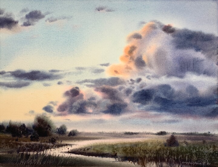 Pittura intitolato "Clouds over the riv…" da Eugenia Gorbacheva, Opera d'arte originale, Acquarello
