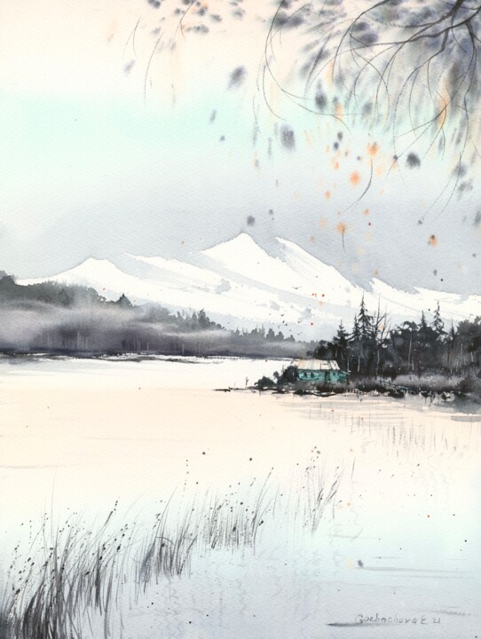 「Mountain Lake #14」というタイトルの絵画 Eugenia Gorbachevaによって, オリジナルのアートワーク, 水彩画