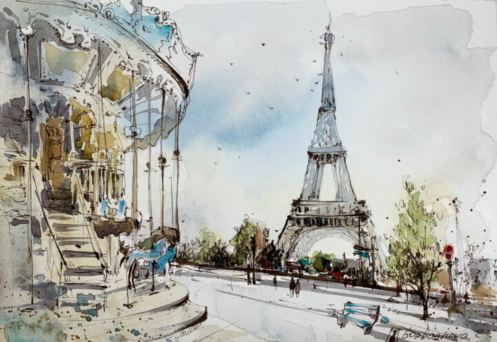 Painting titled "The Eiffel Tower. P…" by Eugenia Gorbacheva, Original Artwork, Watercolor