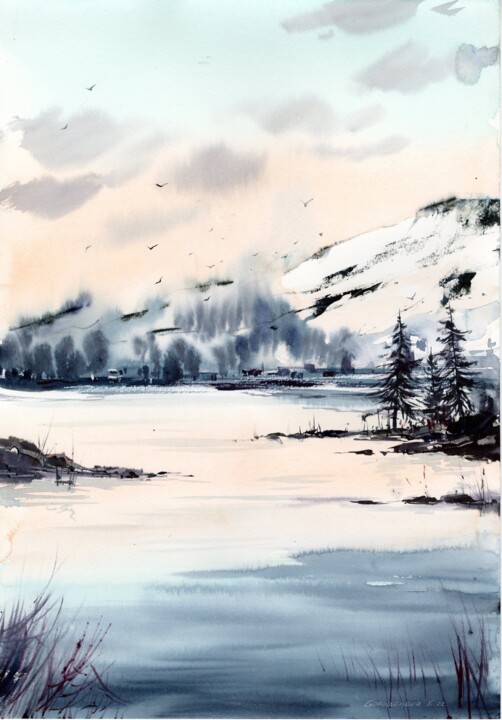 Painting titled "VANILLA MOUNTAINS" by Eugenia Gorbacheva, Original Artwork, Watercolor